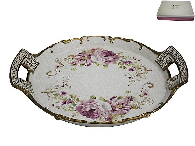 Круглое блюдо с ручками Мраморная Lenardi 38 см