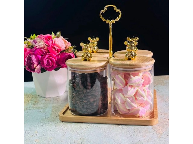 Набор из 4 банок 700 мл для сыпучих продуктов на подставке Bamboo Lenardi