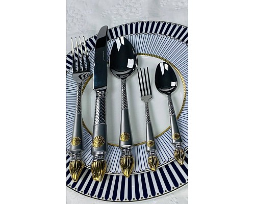 Набор столовых приборов Zeus Lenardi на 6 персон 30 предметов серебро с золотом