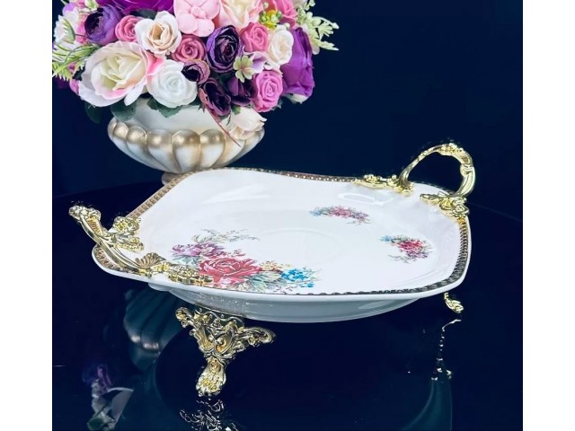 Блюдо круглое 34 см Астория Lenardi на ножках с ручками