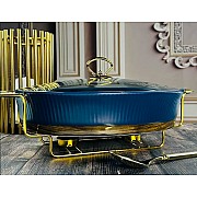 Мармит овальный сервировочный 38 см с крышкой на подставке Wood Lenardi синий
