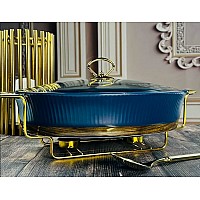Мармит овальный сервировочный 38 см с крышкой на подставке Wood Lenardi синий