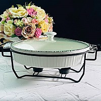 Мармит сервировочный овальный 37 см белый с крышкой на подставке Lenardi