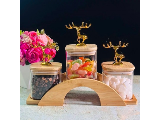 Набор из 3 банок 400 мл для сыпучих продуктов на подставке Lenardi Bamboo