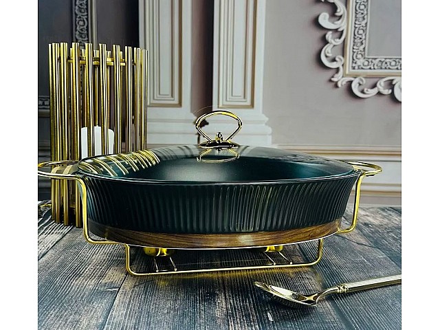 Мармит овальный сервировочный 38 см с крышкой WOOD на подставке Wood Lenardi черный