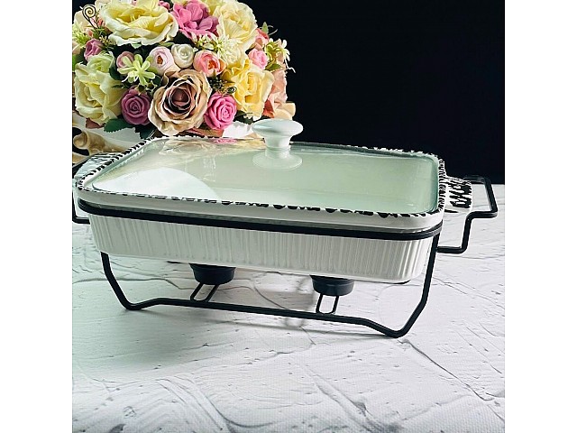 Мармит прямоугольный сервировочный 37 см белый с крышкой на подставке Lenardi