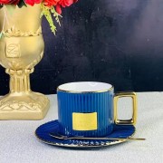 Чашка с блюцем и ложкой Lenardi Линии синий 250 мл
