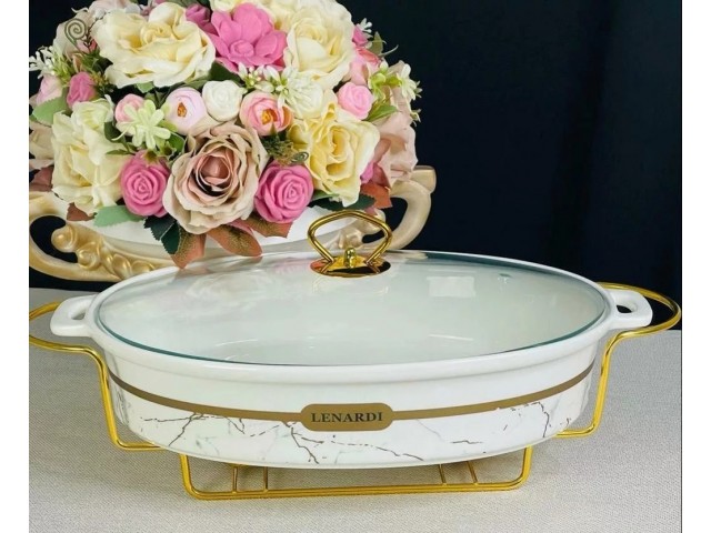 Мармит сервировочный овальный 28 см с крышкой на подставке Marble Lenardi