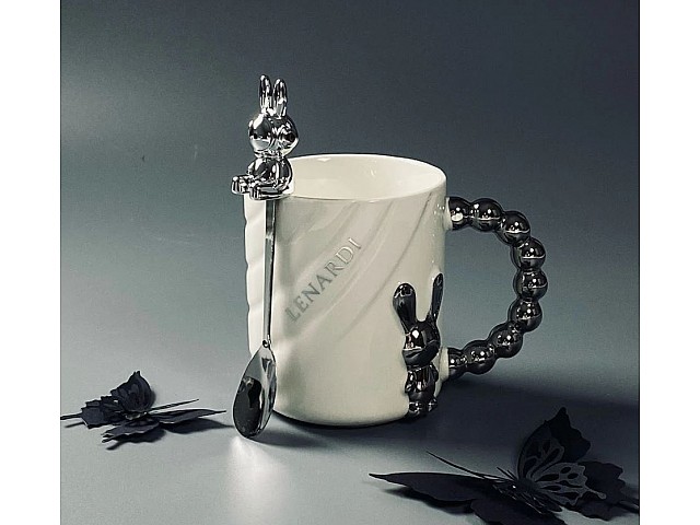 Кружка 430 мл с ложкой Мишки Lenardi белая