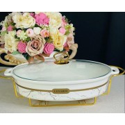 Мармит сервировочный овальный 33 см с крышкой на подставке Marble Lenardi