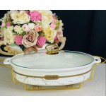 Мармит сервировочный овальный 33 см с крышкой на подставке Marble Lenardi