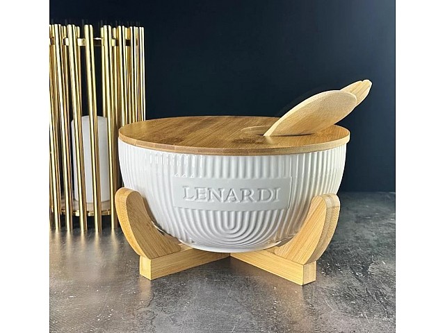 Салатник 24,5 см на подставке с крышкой и кухонные инструментыпринадл. 5 предметов Bamboo Lenardi