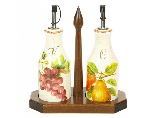 Набор емкостей под масло/уксус Фрукты Sestesi на деревянной подставке