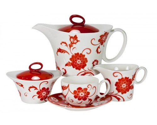 Сервиз чайный Амата Красный Royal Bone China на 6 персон 17 предметов